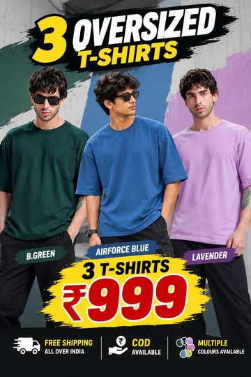 Pick Any 3 Oversized T-Shirts for Men – Soft Cotton Combo Set (B.Green,Airforce Blue, Lavender)