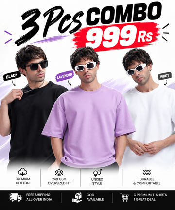 Pick Any 3 Oversized T-Shirts for Men – Soft Cotton Combo Set (Black,Lavender,White)