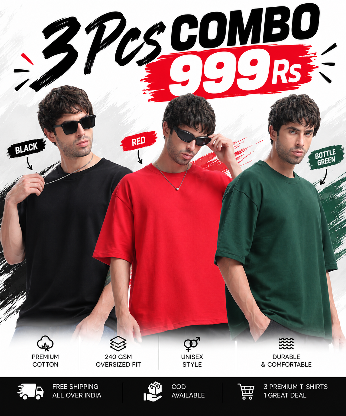 Pick Any 3 Oversized T-Shirts for Men – Soft Cotton Combo Set (Black,Red, B.Green)