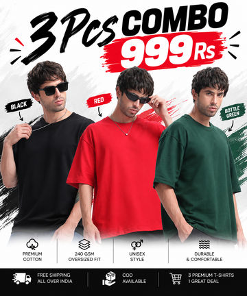 Pick Any 3 Oversized T-Shirts for Men – Soft Cotton Combo Set (Black,Red, B.Green)