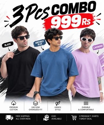 Pick Any 3 Oversized T-Shirts for Men – Soft Cotton Combo Set (Black,Airforce Blue, Lavender)